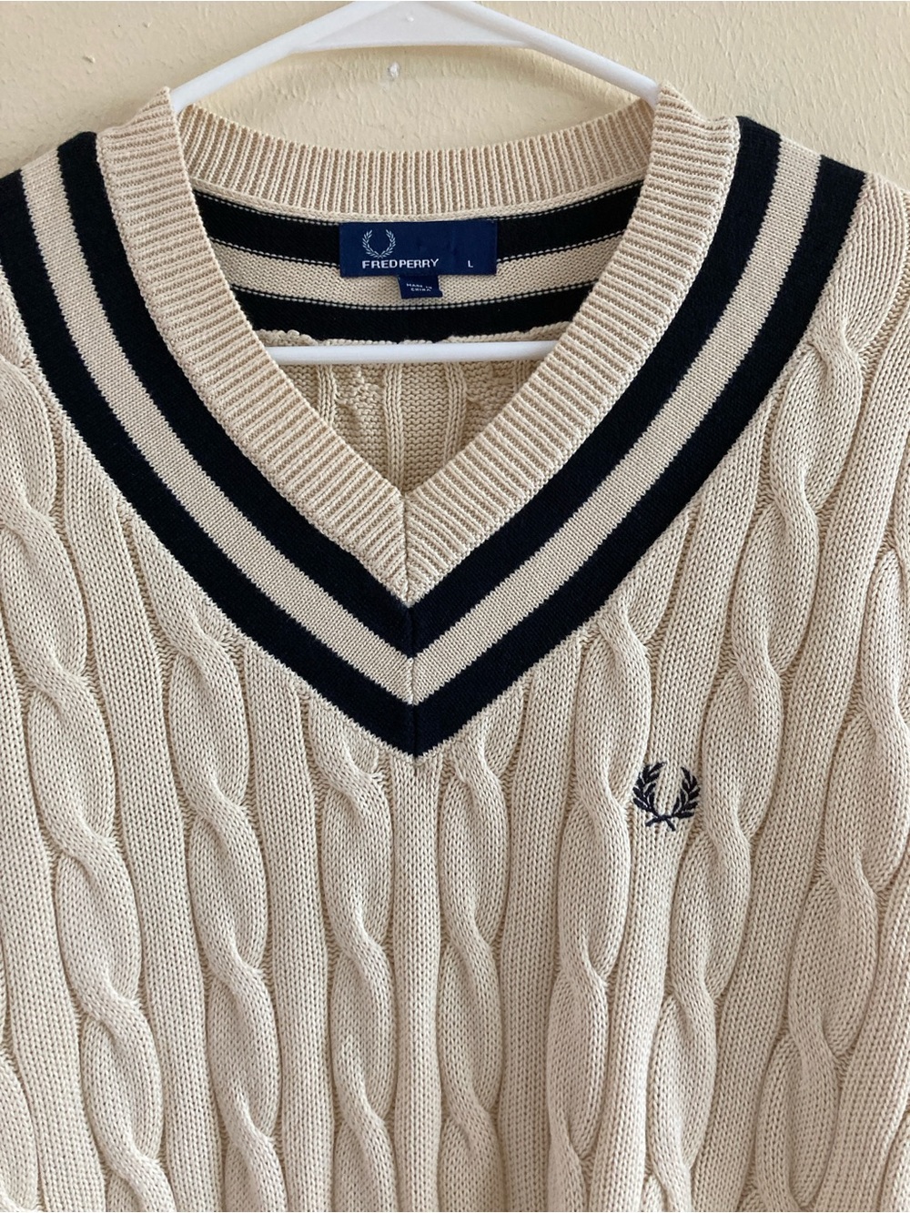 Fred Perry Cream Cable-Knit V-Neck Sweater with Navy Trim - Picture 2 of 4